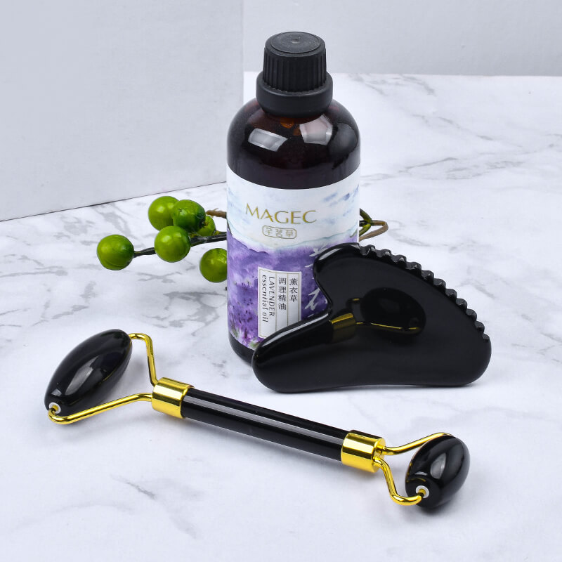 black obsidian roller gua sha set